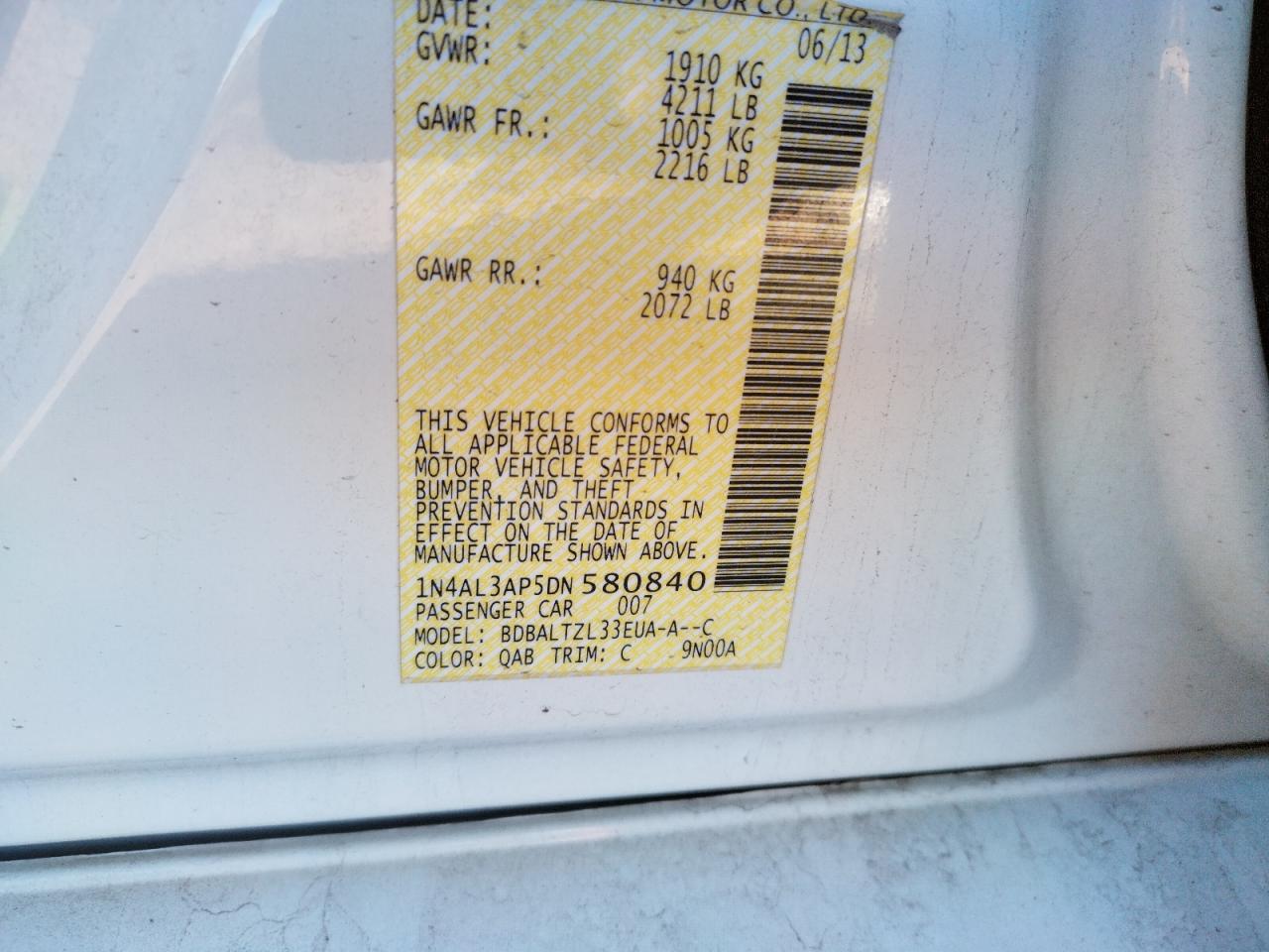 Photo 10 from auction – 2013 NISSAN ALTIMA 2.5 with VIN 1N4AL3AP5DN580840