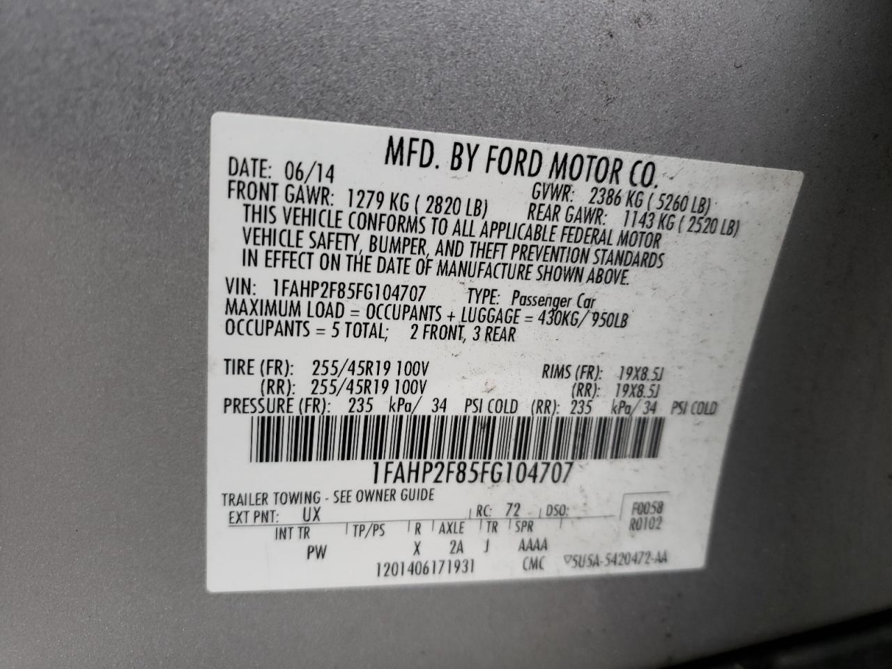 Photo 10 from auction – 2015 FORD TAURUS LIM with VIN 1FAHP2F85FG104707