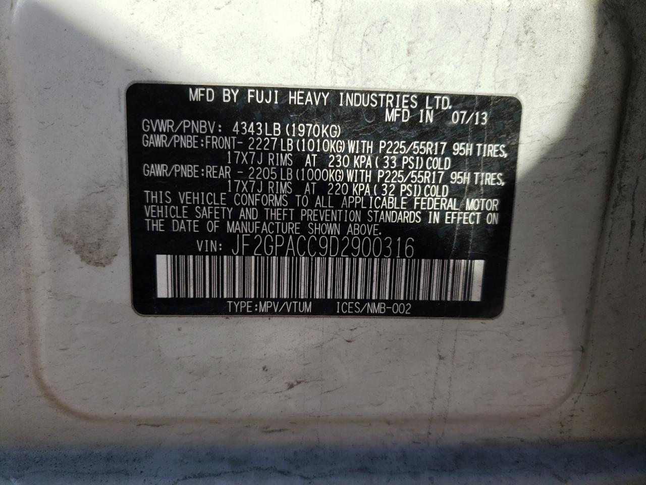 Photo 10 from auction – 2013 SUBARU XV CROSSTR with VIN JF2GPACC9D2900316