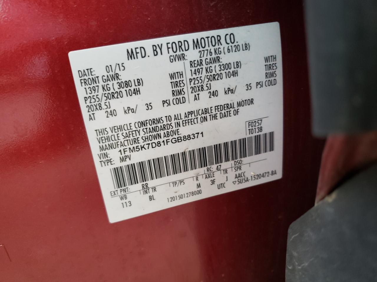 Photo 10 from auction – 2015 FORD EXPLORER X with VIN 1FM5K7D81FGB88371