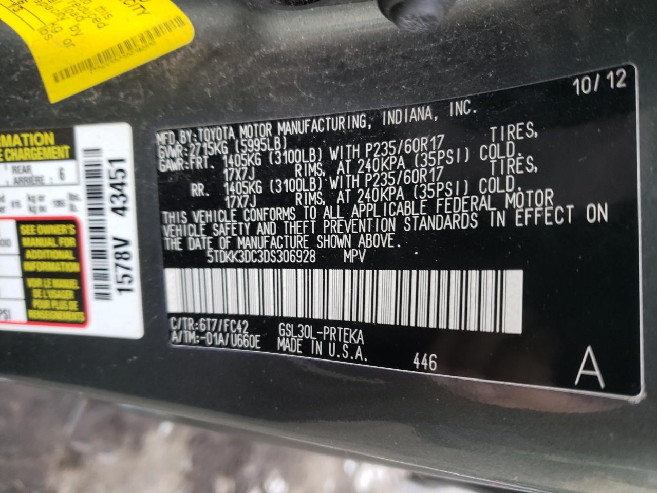 Photo 10 from auction – 2013 TOYOTA SIENNA LE with VIN 5TDKK3DC3DS306928