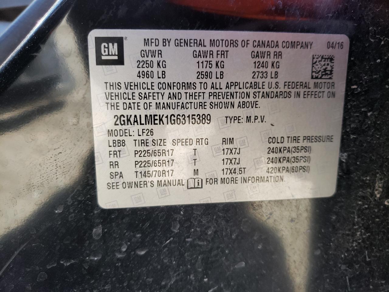 Photo 10 from auction – 2016 GMC TERRAIN SL with VIN 2GKALMEK1G6315389