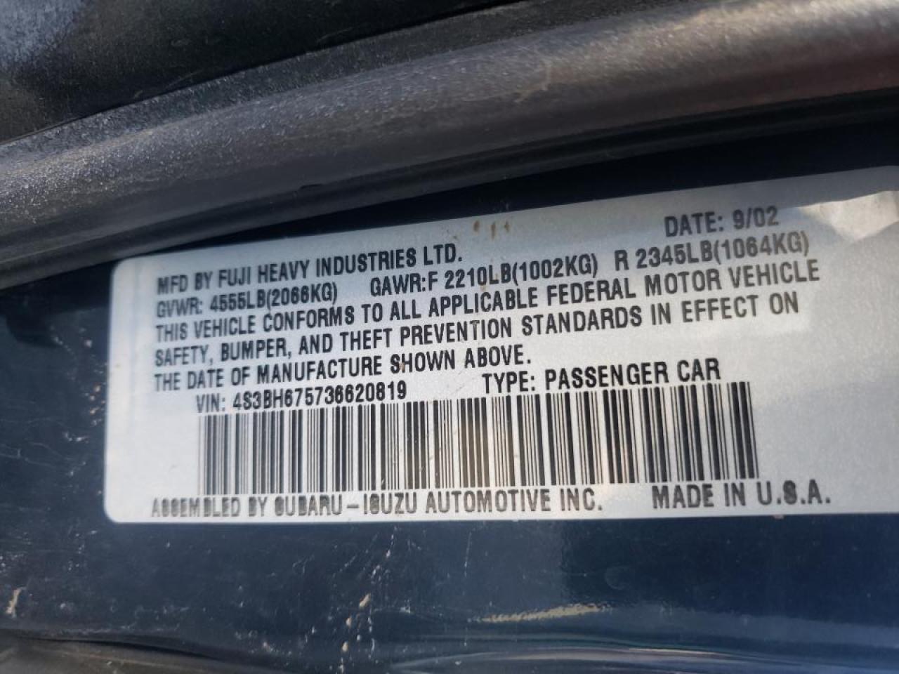 Photo 10 from auction – 2003 SUBARU LEGACY OUT with VIN 4S3BH675736620819