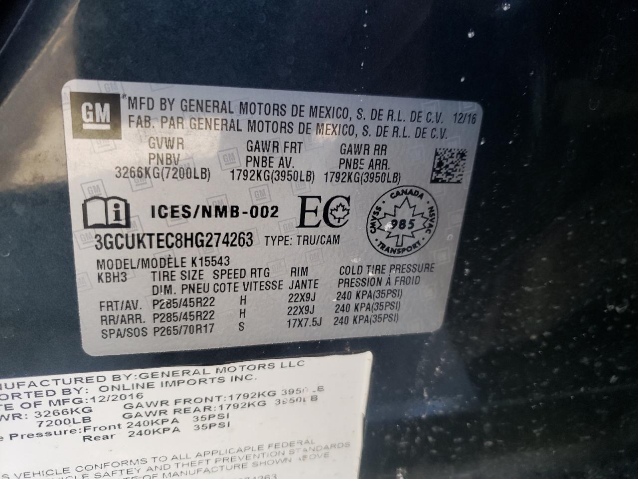 Photo 10 from auction – 2017 CHEVROLET SILVERADO with VIN 3GCUKTEC8HG274263