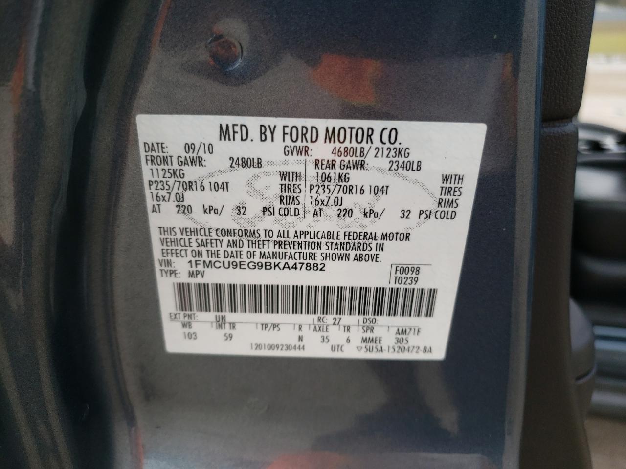 Photo 10 from auction – 2011 FORD ESCAPE LIM with VIN 1FMCU9EG9BKA47882