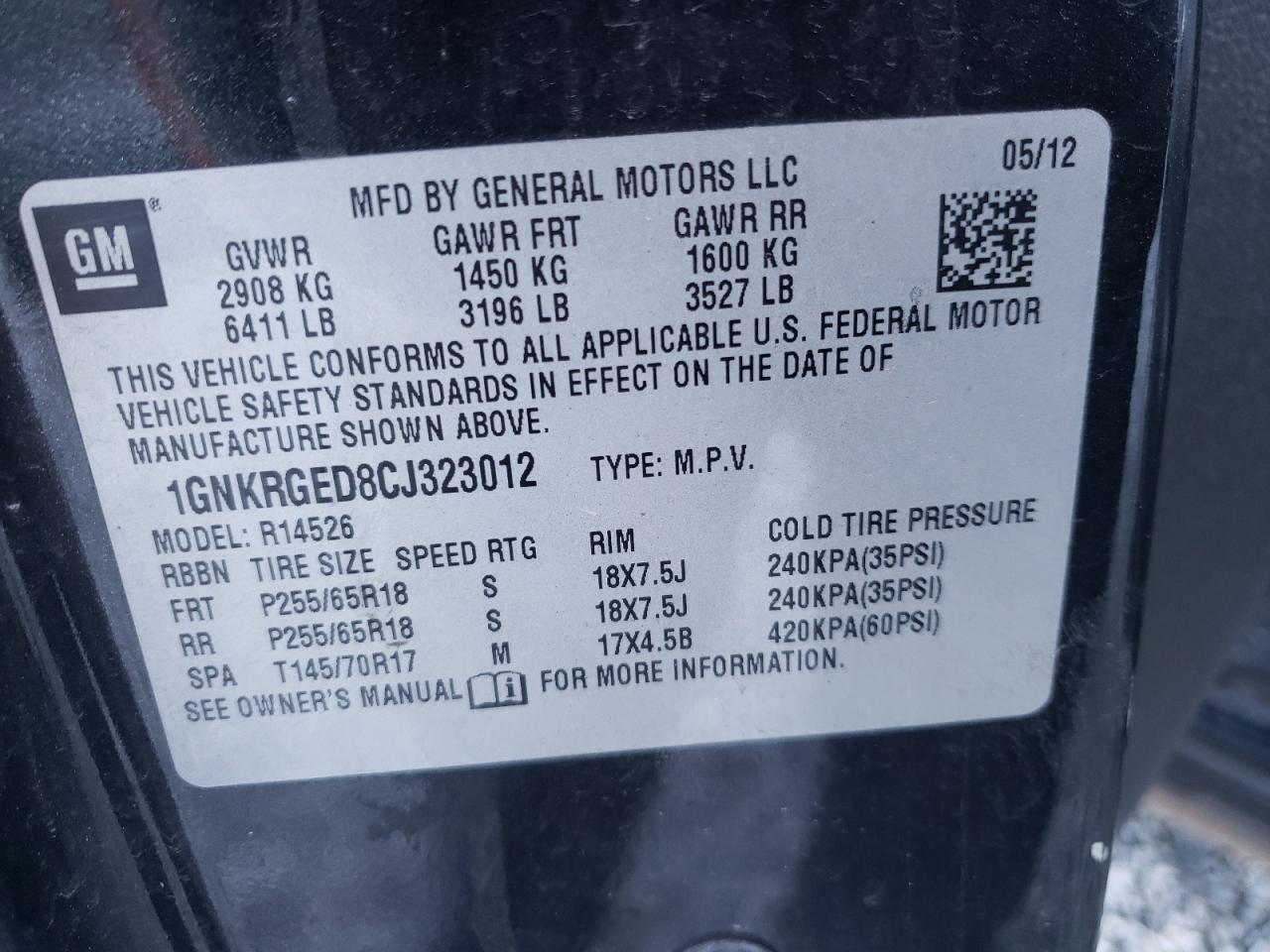 Photo 10 from auction – 2012 CHEVROLET TRAVERSE L with VIN 1GNKRGED8CJ323012