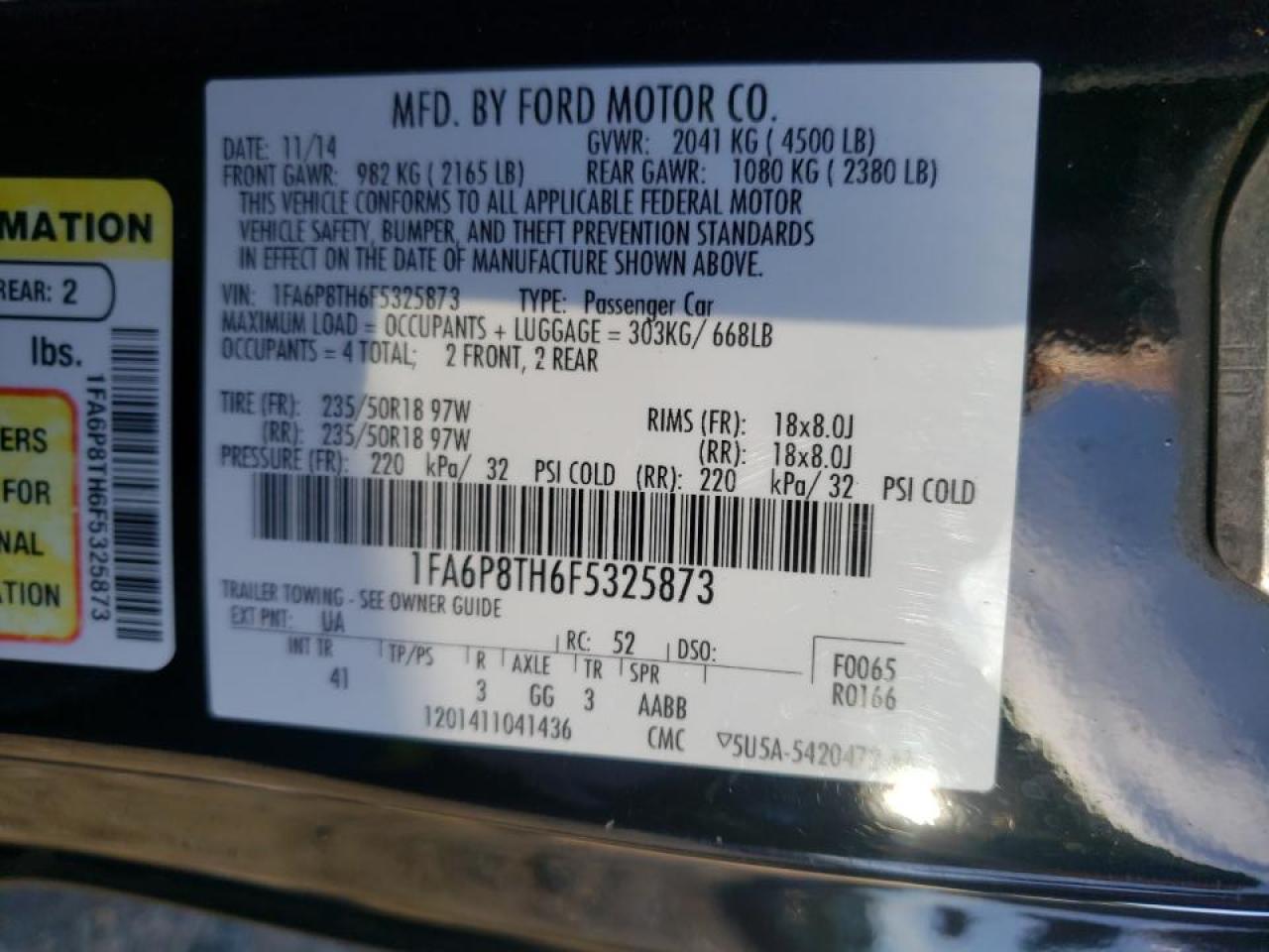 Photo 10 from auction – 2015 FORD MUSTANG with VIN 1FA6P8TH6F5325873