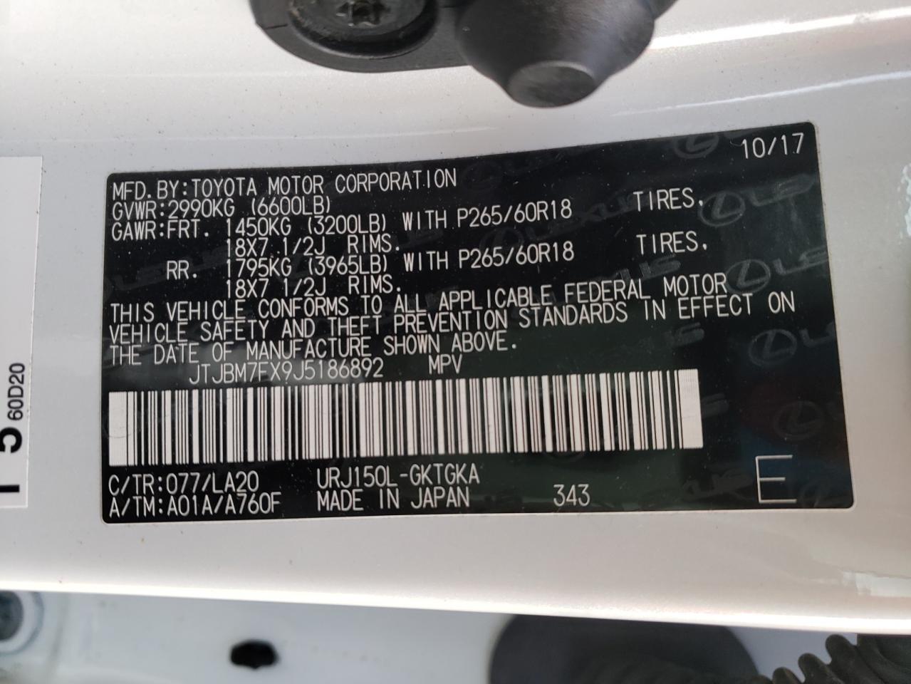 Photo 10 from auction – 2018 LEXUS GX 460 with VIN JTJBM7FX9J5186892