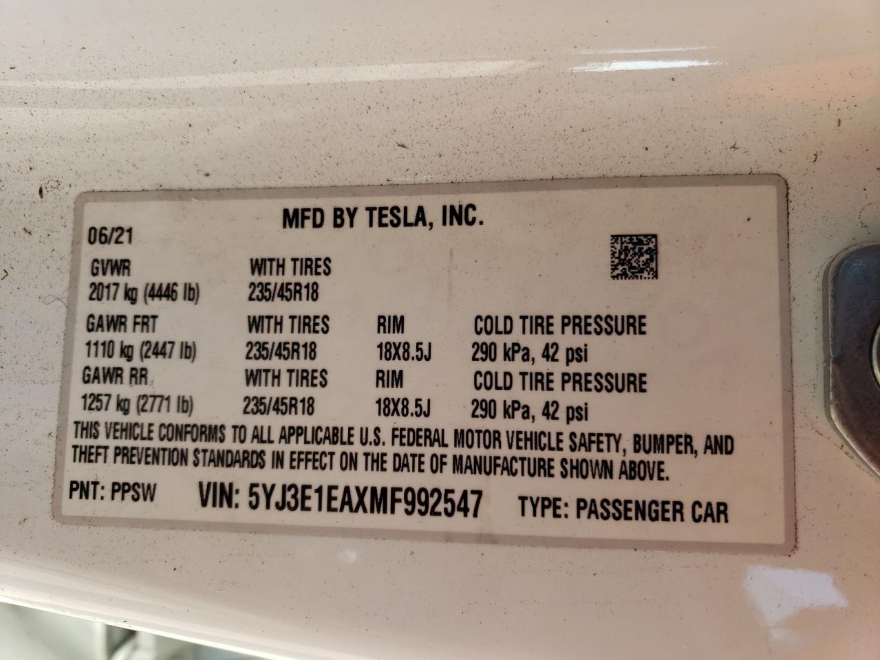 Photo 10 from auction – 2021 TESLA MODEL 3 with VIN 5YJ3E1EAXMF992547