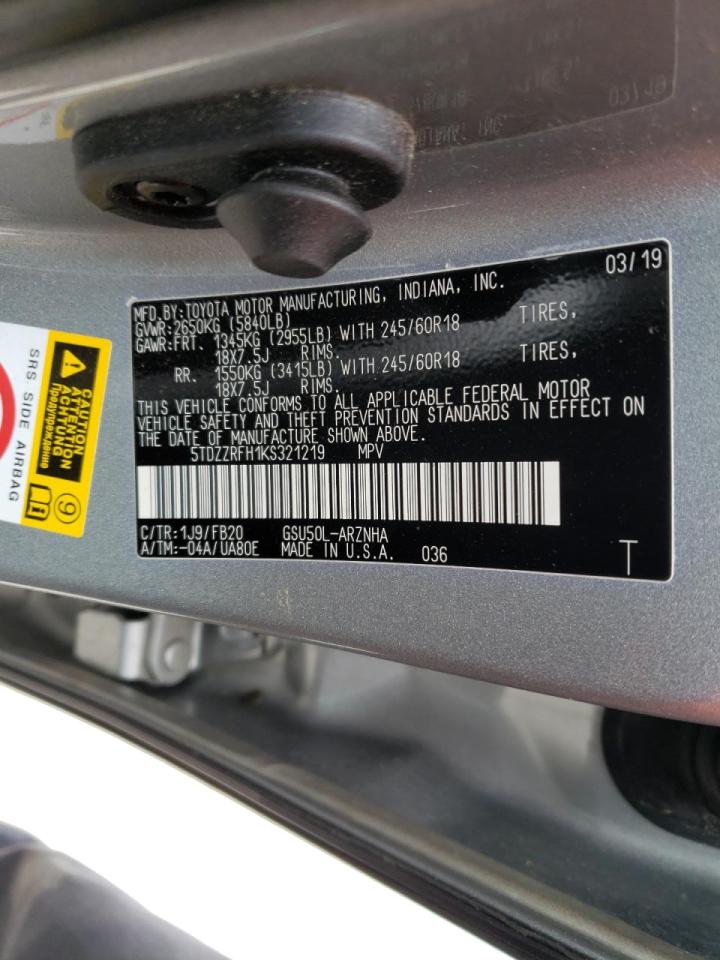 Photo 10 from auction – 2019 TOYOTA HIGHLANDER with VIN 5TDZZRFH1KS321219
