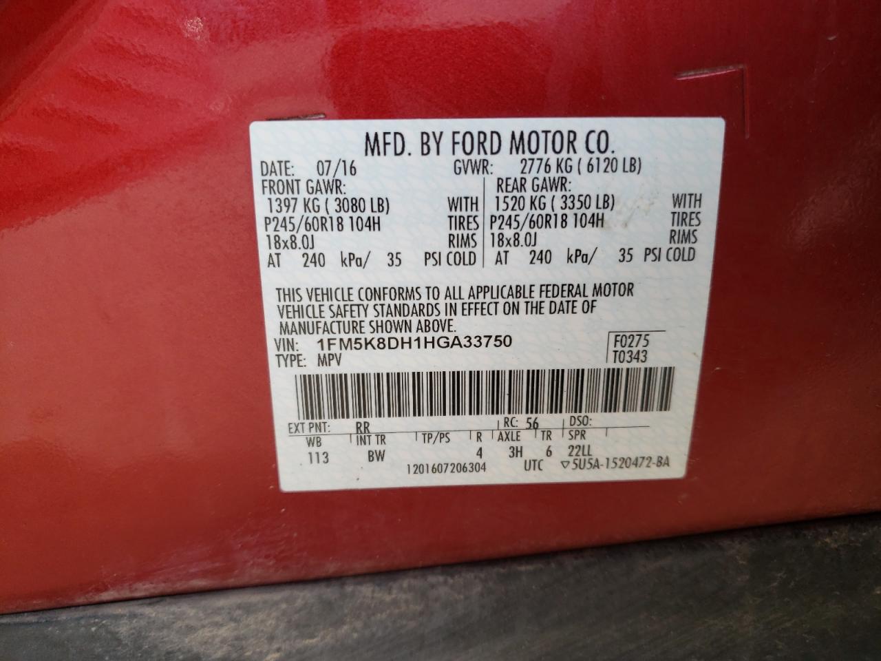 Photo 10 from auction – 2017 FORD EXPLORER X with VIN 1FM5K8DH1HGA33750