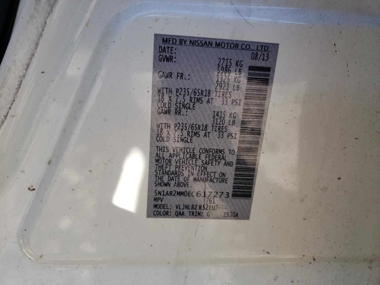 Photo 10 from auction – 2014 NISSAN PATHFINDER with VIN 5N1AR2MM0EC617273