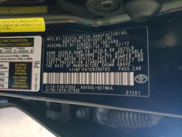 Photo 10 from auction – 2012 TOYOTA CAMRY BASE with VIN 4T4BF1FK1CR200793