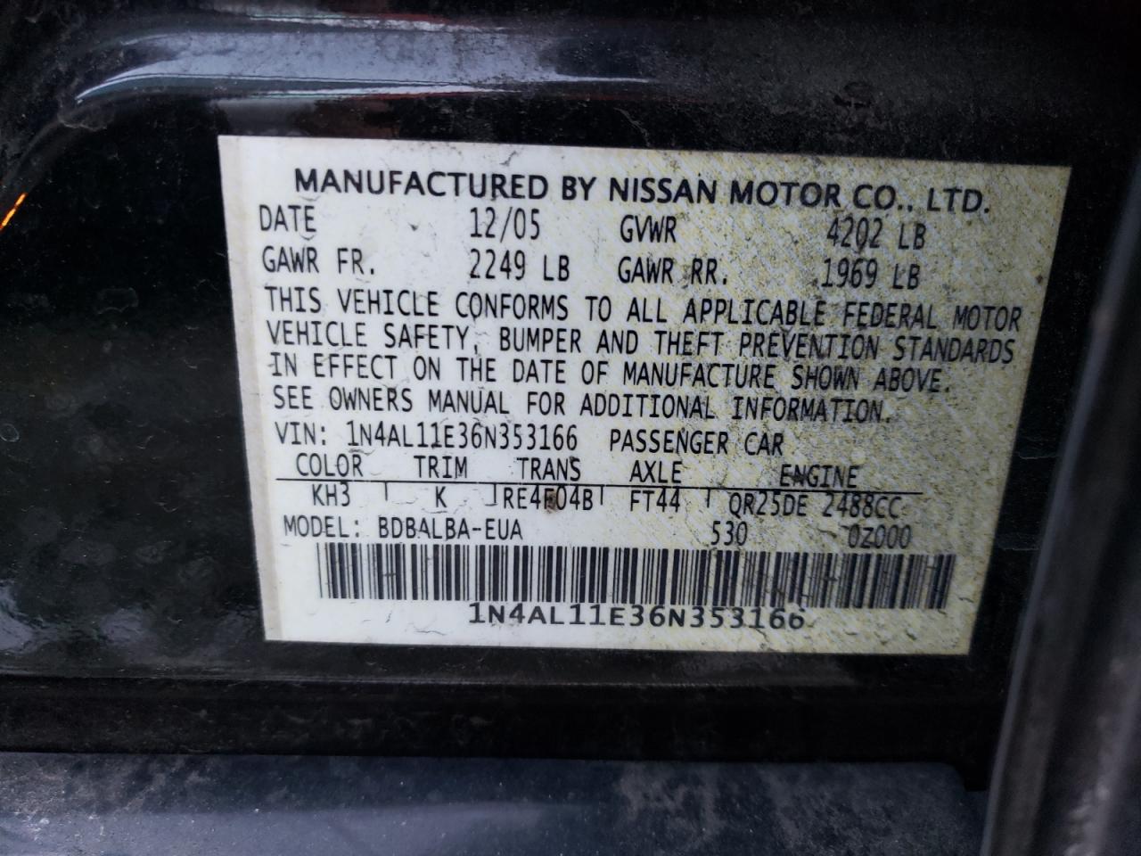 Photo 10 from auction – 2006 NISSAN ALTIMA S with VIN 1N4AL11E36N353166