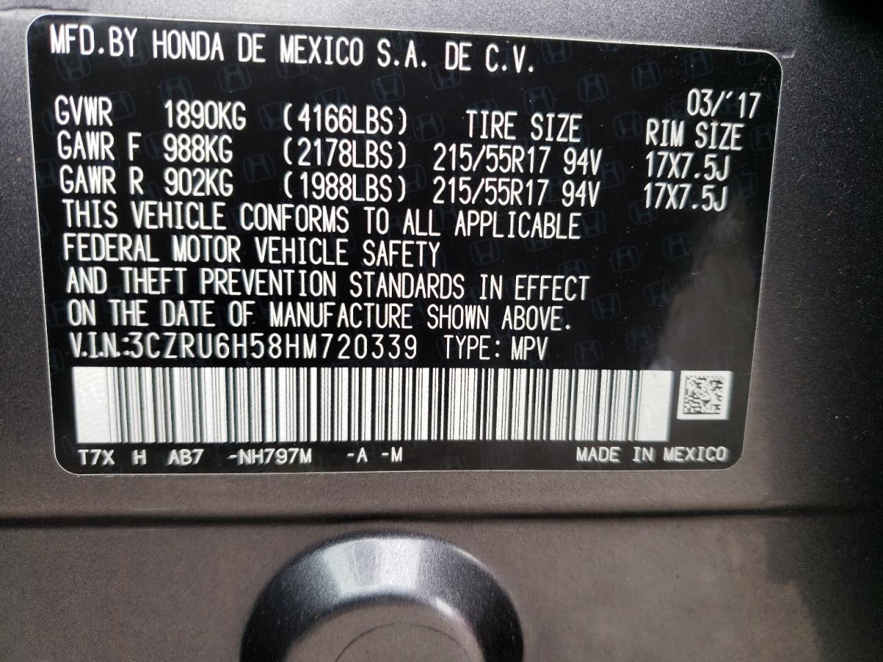 Photo 10 from auction – 2017 HONDA HR-V EX with VIN 3CZRU6H58HM720339
