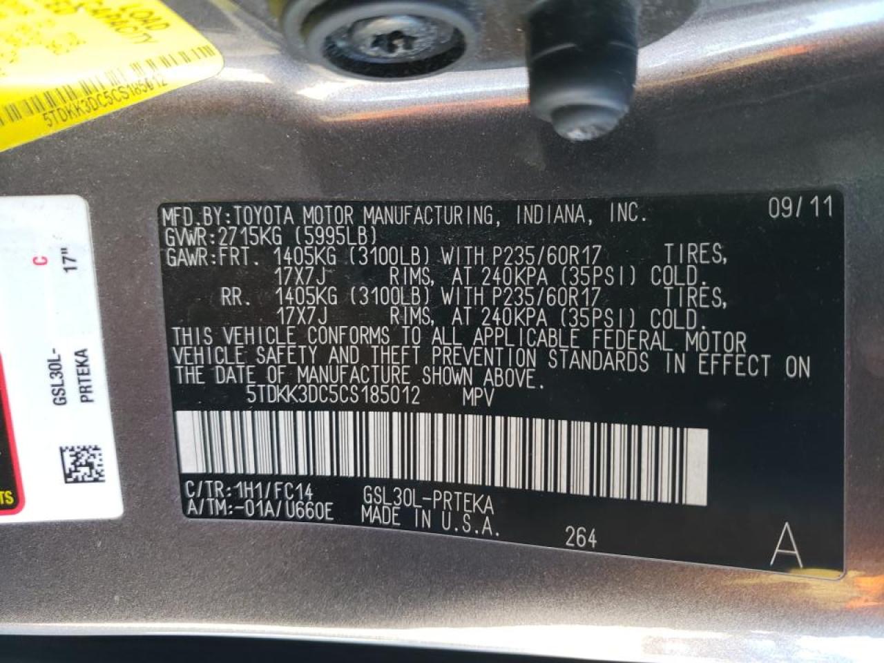 Photo 10 from auction – 2012 TOYOTA SIENNA LE with VIN 5TDKK3DC5CS185012