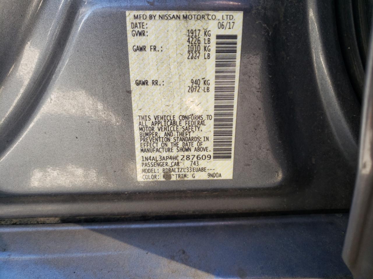 Photo 10 from auction – 2017 NISSAN ALTIMA 2.5 with VIN 1N4AL3AP4HC287609