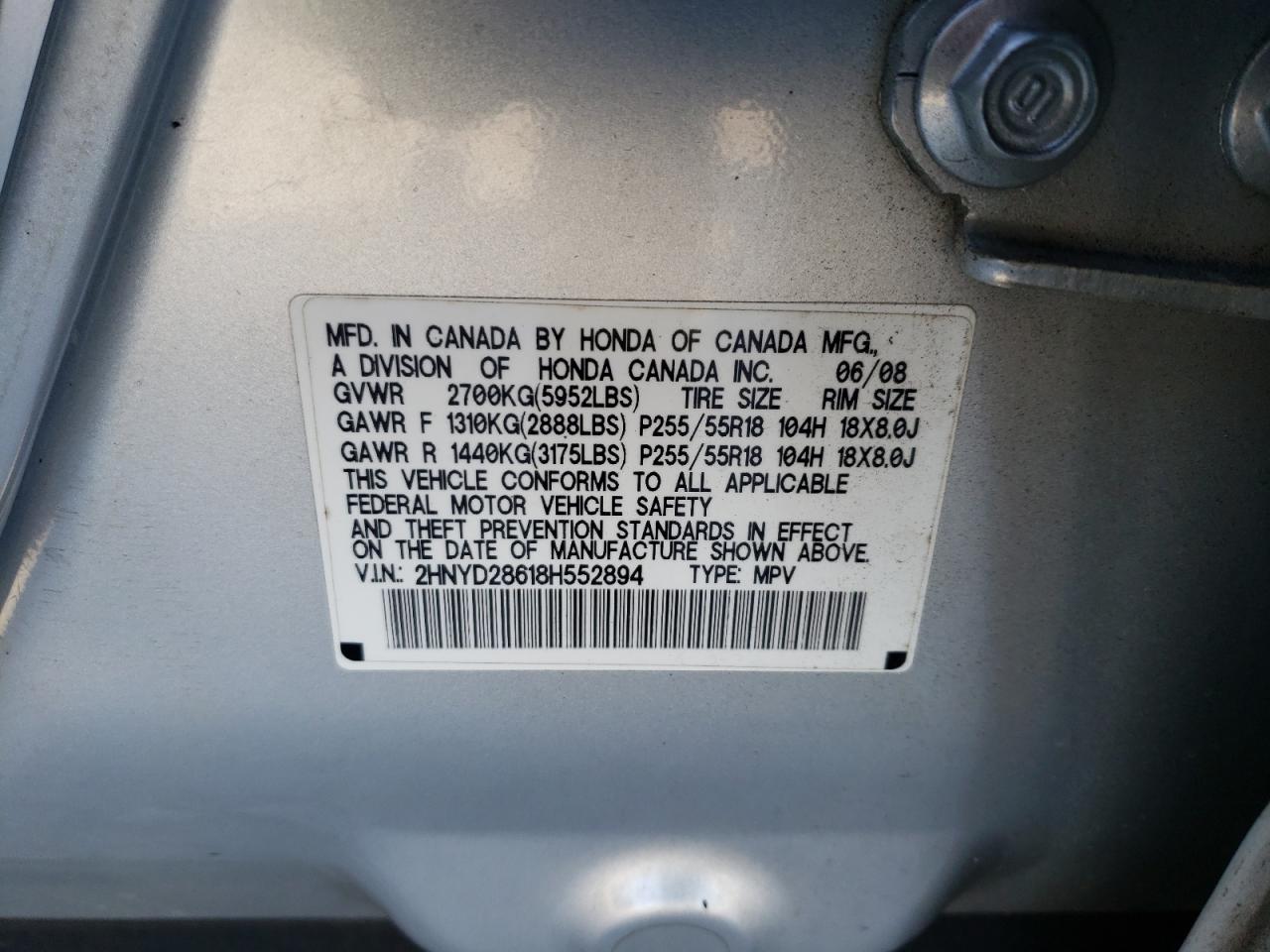 Photo 10 from auction – 2008 ACURA MDX TECHNO with VIN 2HNYD28618H552894