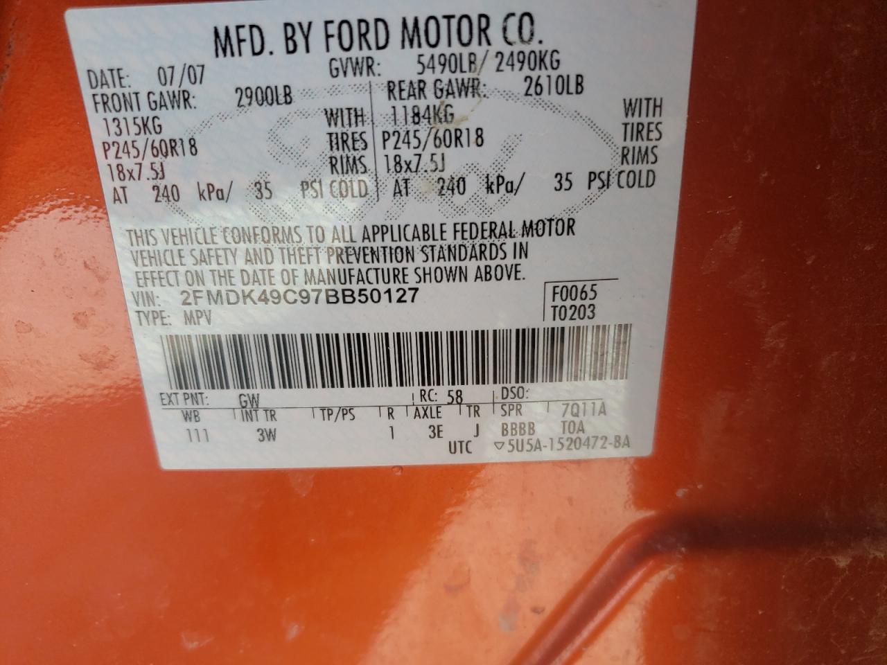 Photo 10 from auction – 2007 FORD EDGE SEL P with VIN 2FMDK49C97BB50127