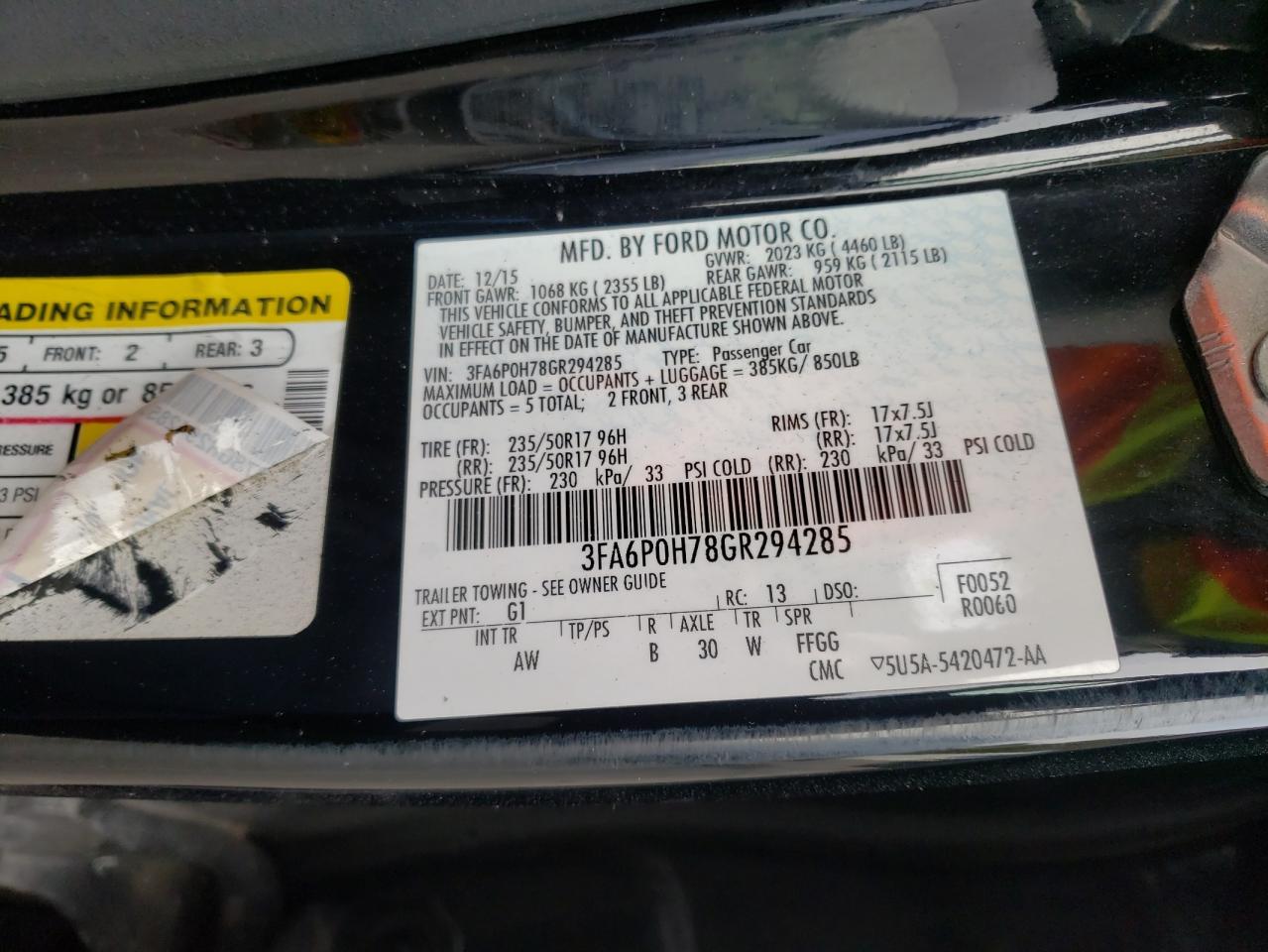 Photo 10 from auction – 2016 FORD FUSION SE with VIN 3FA6P0H78GR294285