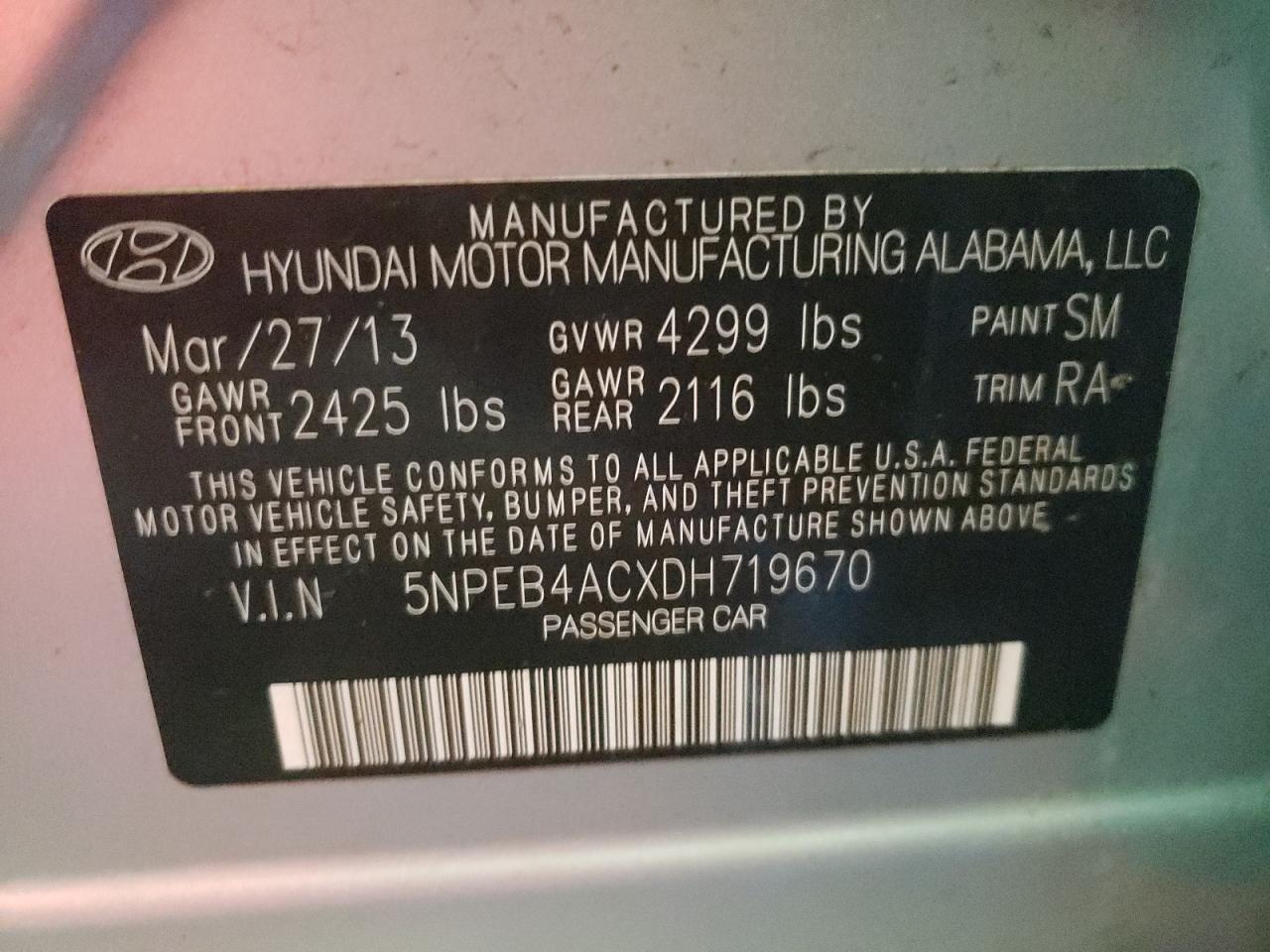 Photo 10 from auction – 2013 HYUNDAI SONATA GLS with VIN 5NPEB4ACXDH719670