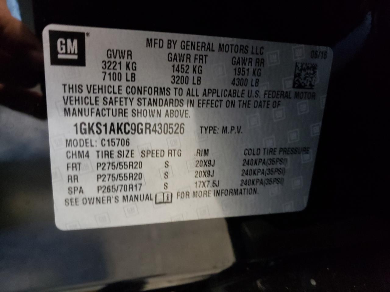 Photo 10 from auction – 2016 GMC YUKON SLE with VIN 1GKS1AKC9GR430526