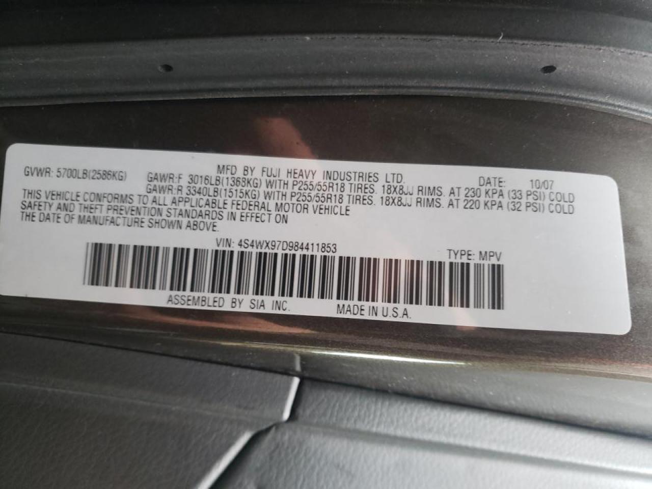 Photo 10 from auction – 2008 SUBARU TRIBECA LI with VIN 4S4WX97D984411853