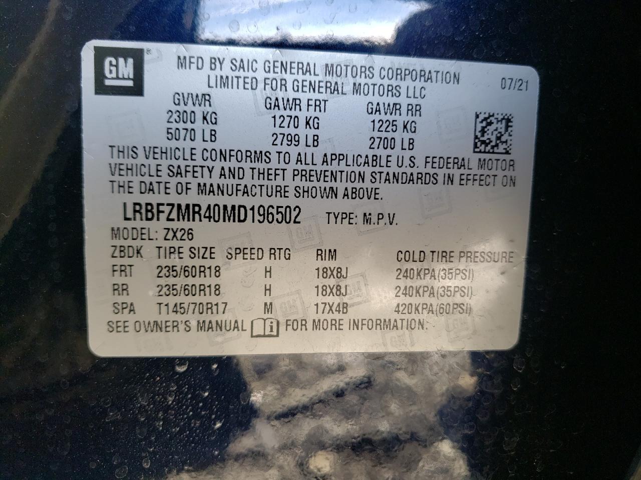 Photo 10 from auction – 2021 BUICK ENVISION P with VIN LRBFZMR40MD196502