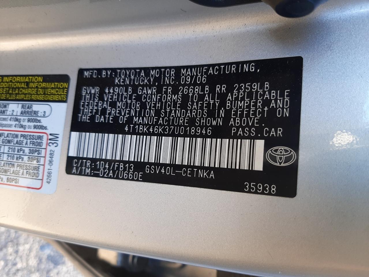 Photo 10 from auction – 2007 TOYOTA CAMRY LE with VIN 4T1BK46K37U018946