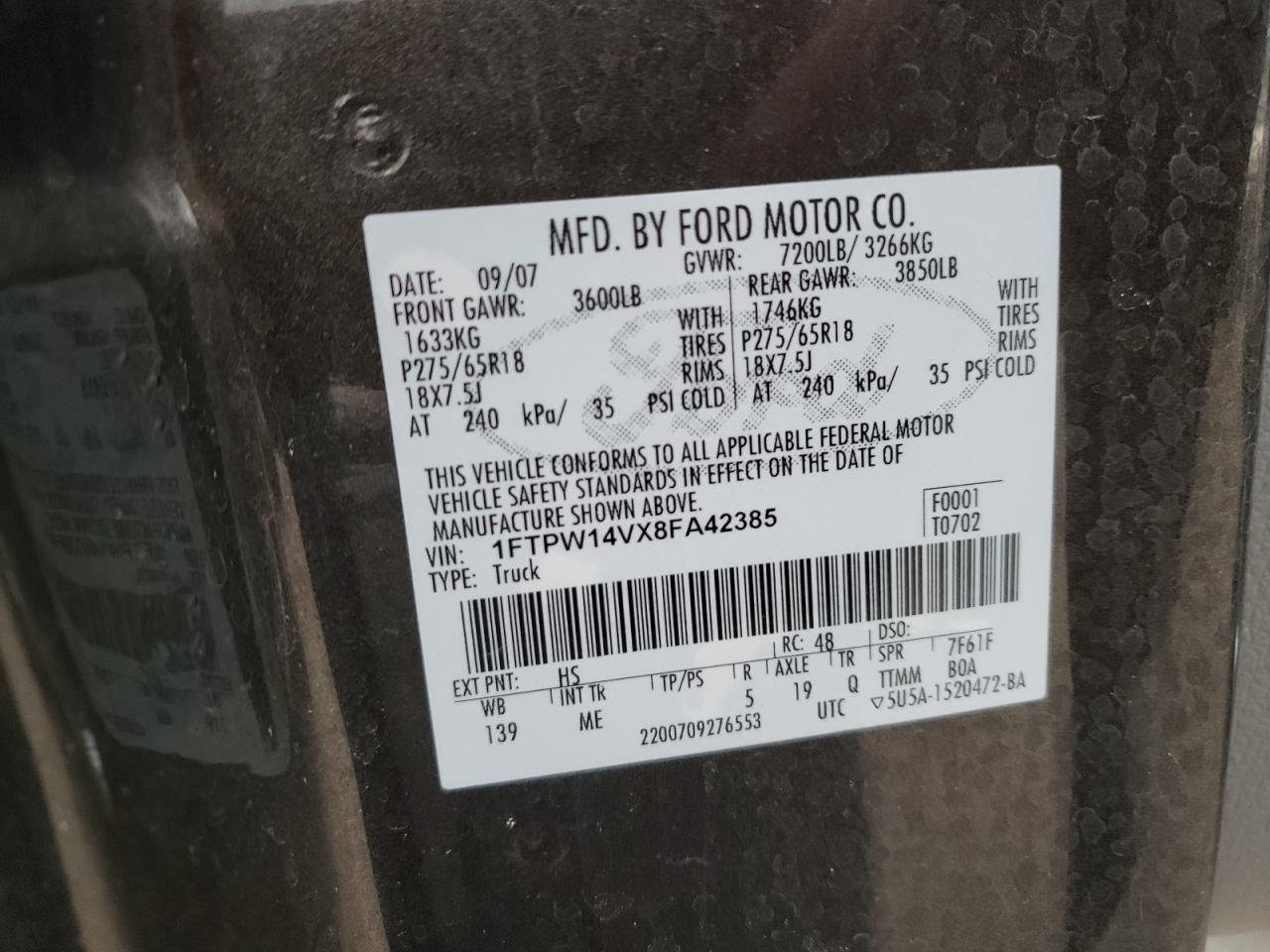 Photo 10 from auction – 2008 FORD F150 SUPER with VIN 1FTPW14VX8FA42385