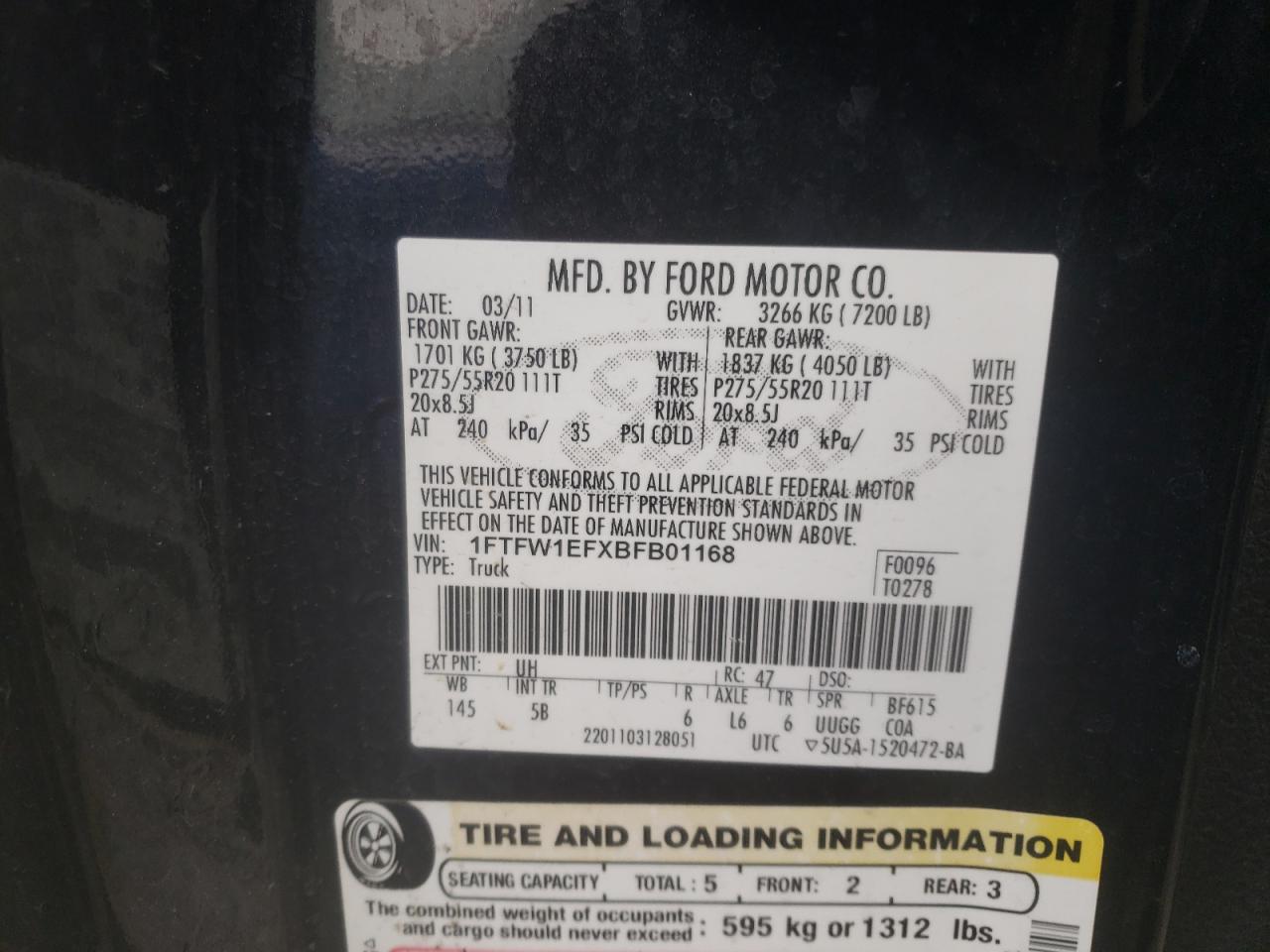 Photo 10 from auction – 2011 FORD F150 SUPER with VIN 1FTFW1EFXBFB01168