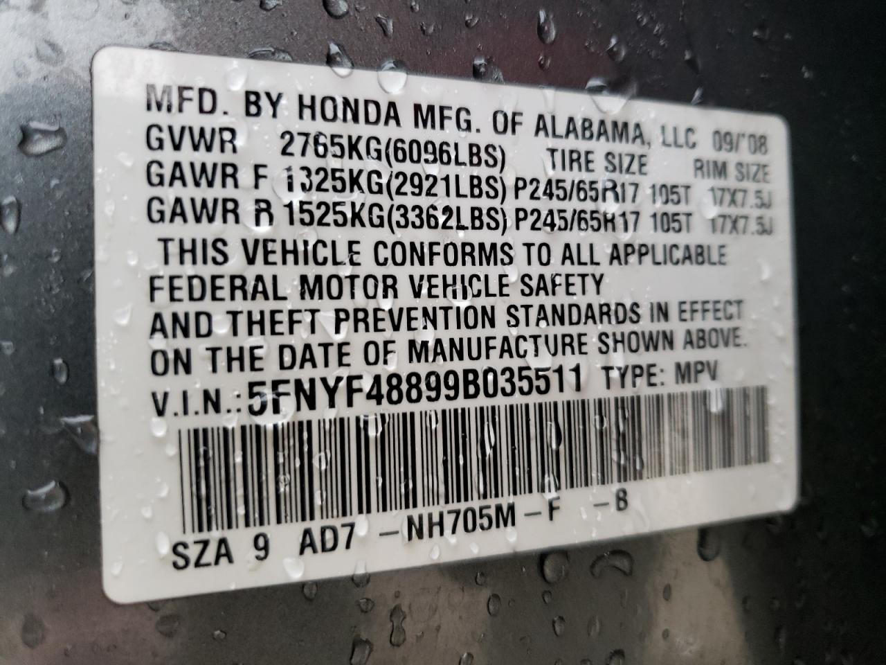 Photo 10 from auction – 2009 HONDA PILOT TOUR with VIN 5FNYF48899B035511