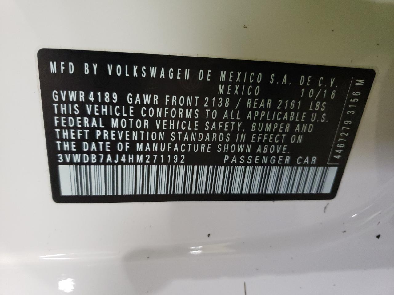 Photo 10 from auction – 2017 VOLKSWAGEN JETTA SE with VIN 3VWDB7AJ4HM271192