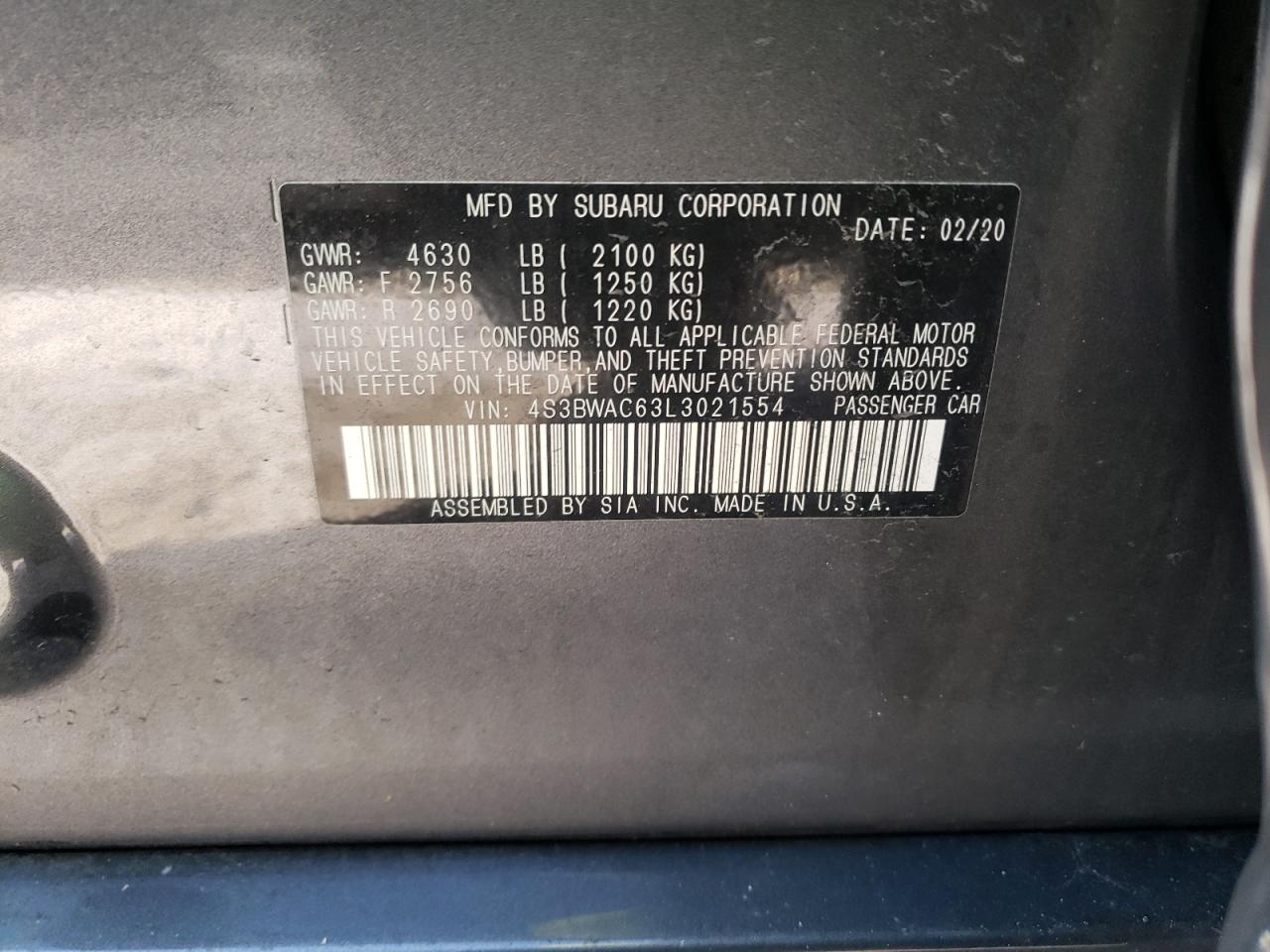 Photo 10 from auction – 2020 SUBARU LEGACY PRE with VIN 4S3BWAC63L3021554