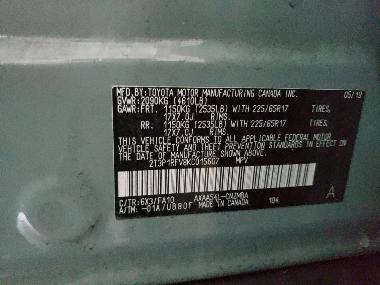 Photo 10 from auction – 2019 TOYOTA RAV4 XLE with VIN 2T3P1RFV8KC015607