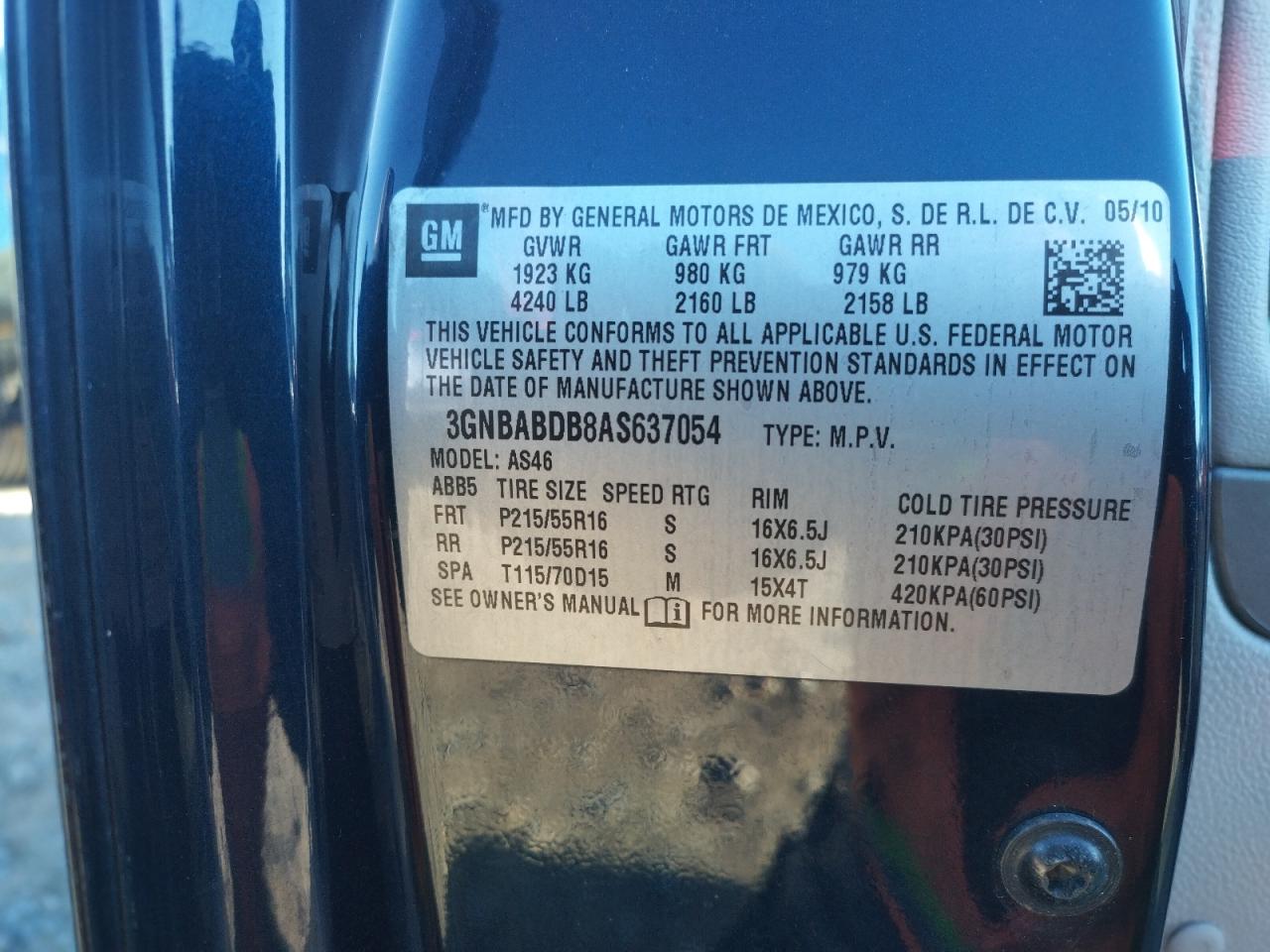 Photo 10 from auction – 2010 CHEVROLET HHR LT with VIN 3GNBABDB8AS637054