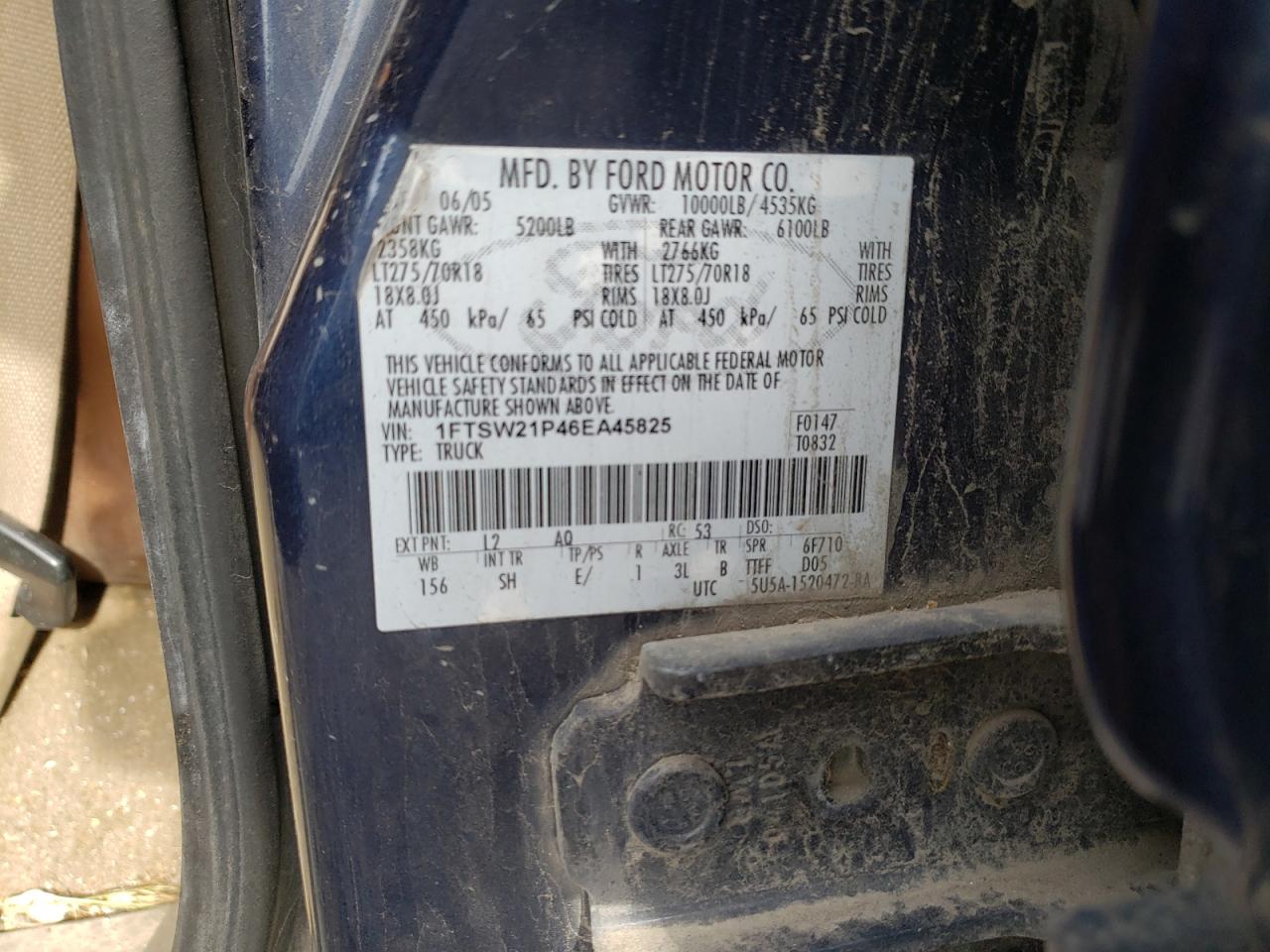 Photo 10 from auction – 2006 FORD F250 SUPER with VIN 1FTSW21P46EA45825