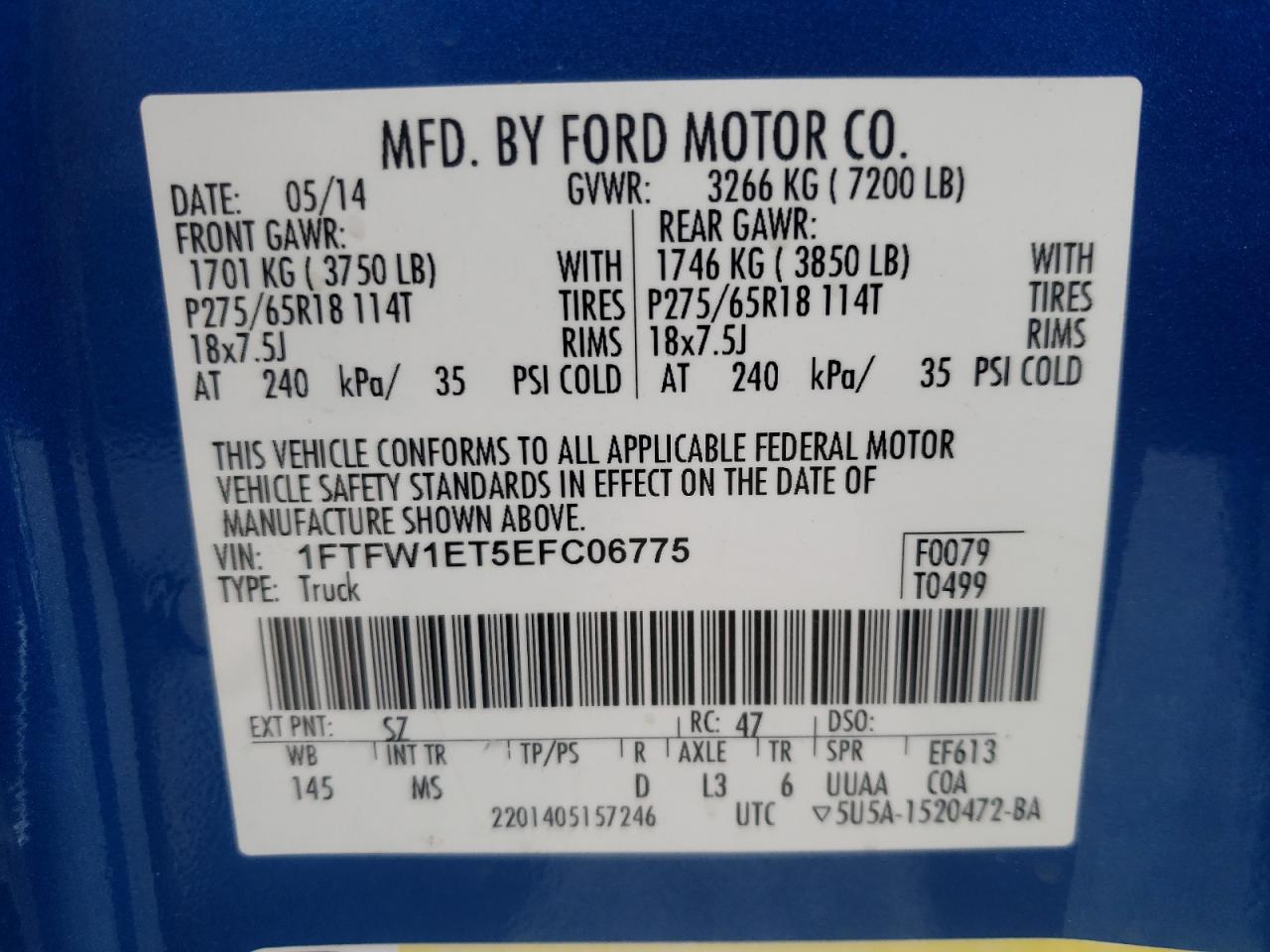 Photo 10 from auction – 2014 FORD F150 SUPER with VIN 1FTFW1ET5EFC06775