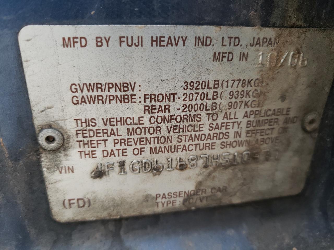 Photo 10 from auction – 2007 SUBARU IMPREZA 2. with VIN JF1GD61687H510977