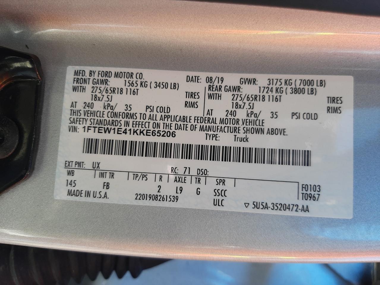 Photo 10 from auction – 2019 FORD F150 SUPER with VIN 1FTEW1E41KKE65206