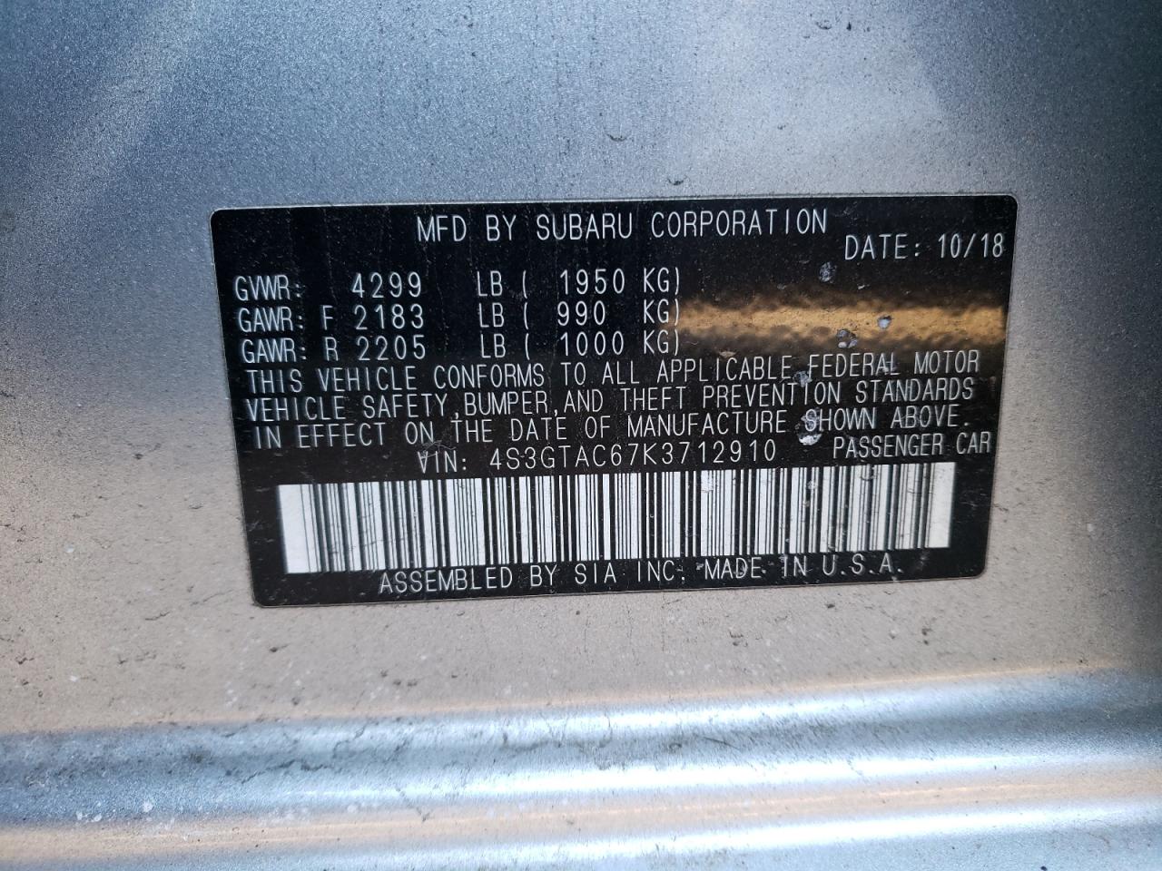 Photo 10 from auction – 2019 SUBARU IMPREZA PR with VIN 4S3GTAC67K3712910