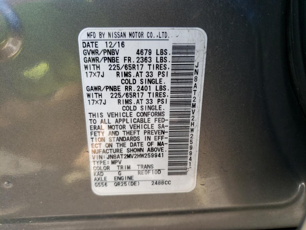 Photo 10 from auction – 2017 NISSAN ROGUE S with VIN JN8AT2MV2HW259941