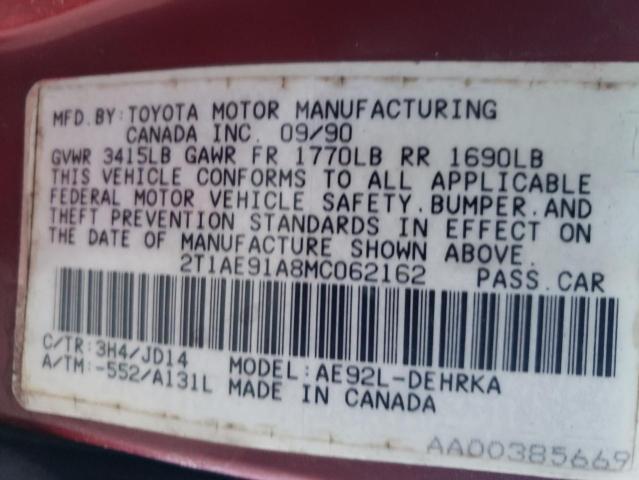 Photo 10 from auction – 1991 TOYOTA COROLLA with VIN 2T1AE91A8MC062162