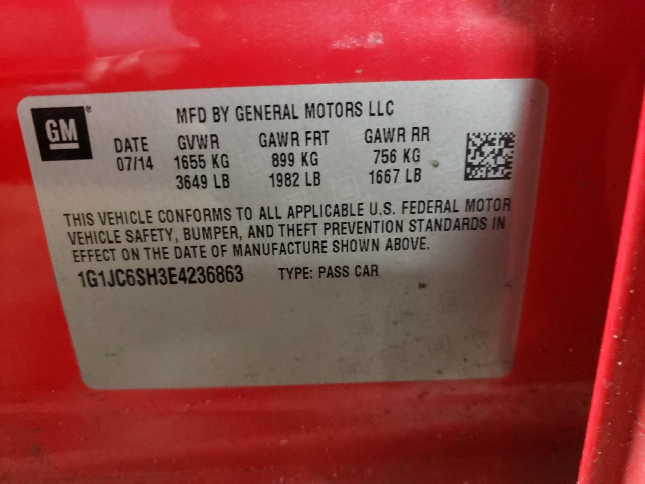 Photo 10 from auction – 2014 CHEVROLET SONIC LT with VIN 1G1JC6SH3E4236863
