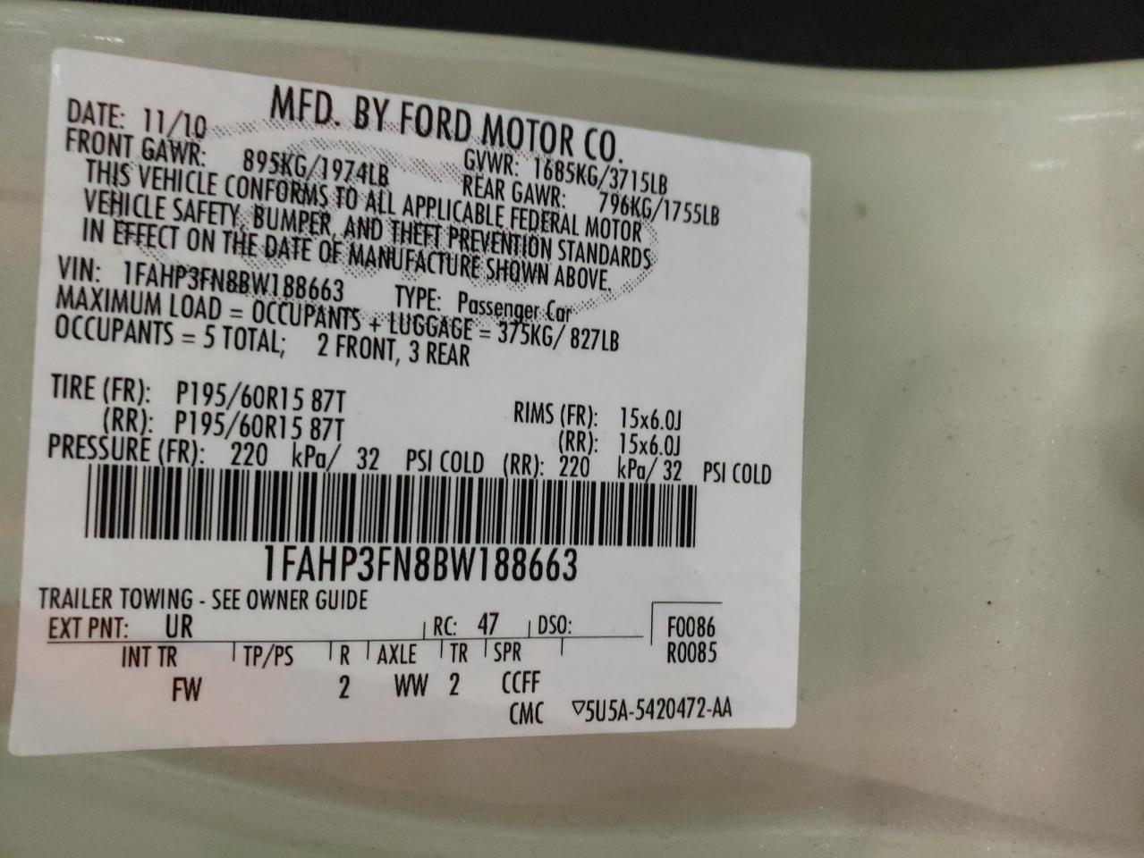 Photo 10 from auction – 2011 FORD FOCUS SE with VIN 1FAHP3FN8BW188663