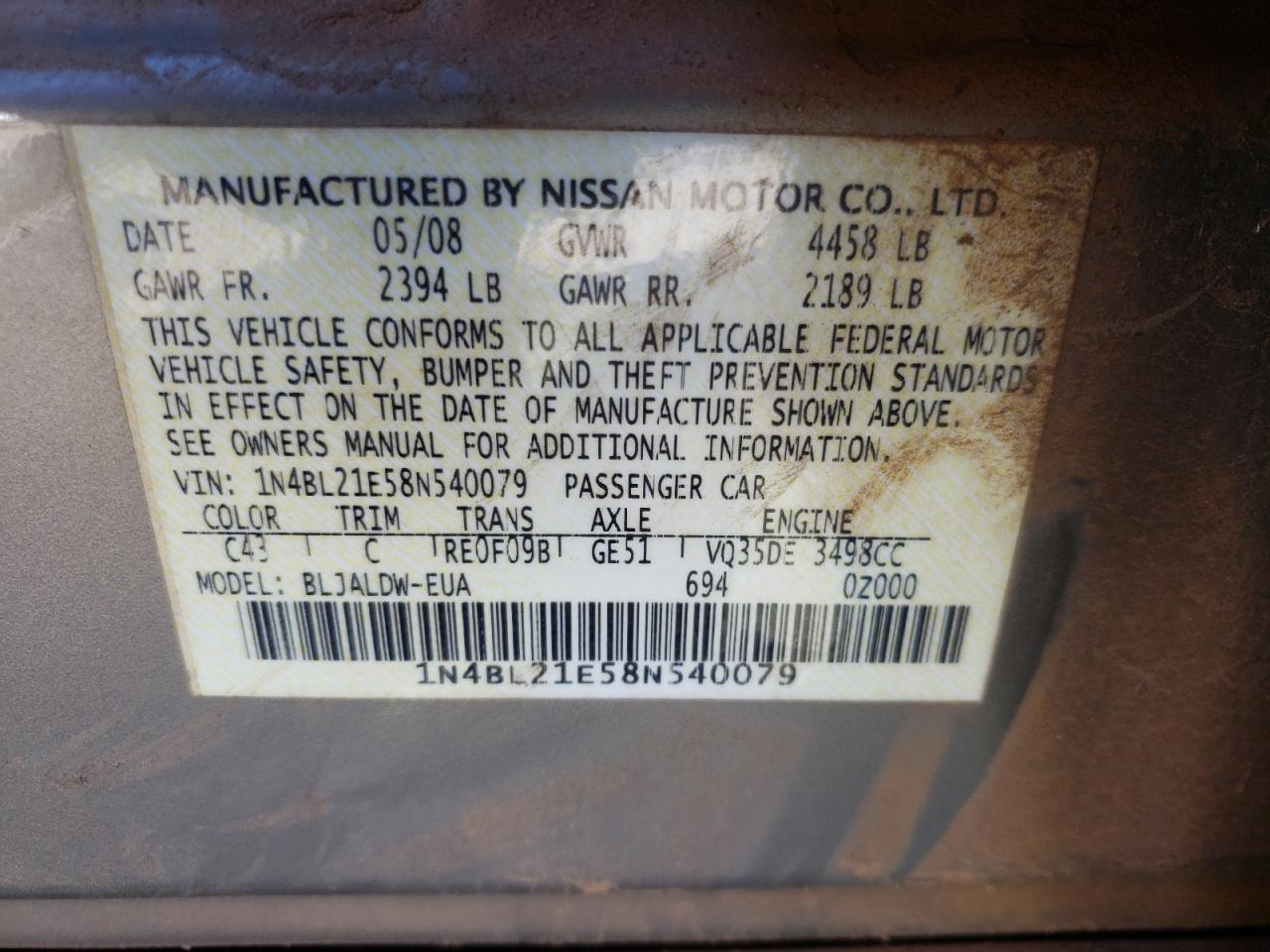 Photo 10 from auction – 2008 NISSAN ALTIMA with VIN 1N4BL21E58N540079