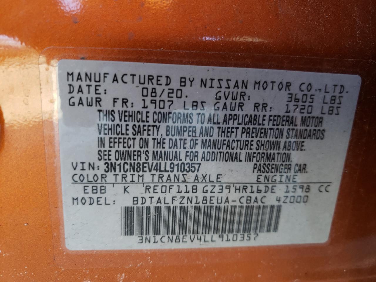 Photo 10 from auction – 2020 NISSAN VERSA SV with VIN 3N1CN8EV4LL910357
