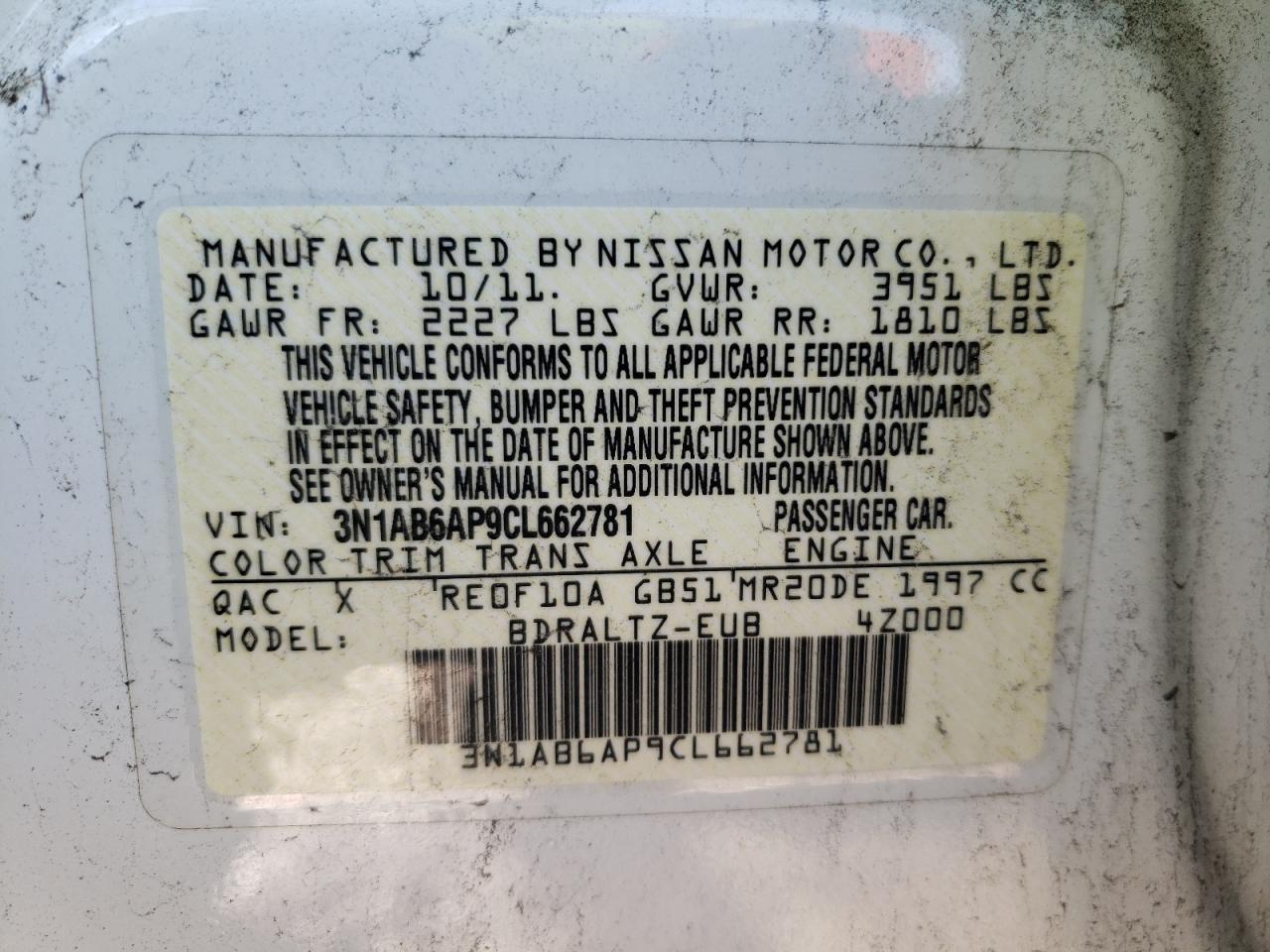 Photo 10 from auction – 2012 NISSAN SENTRA 2.0 with VIN 3N1AB6AP9CL662781