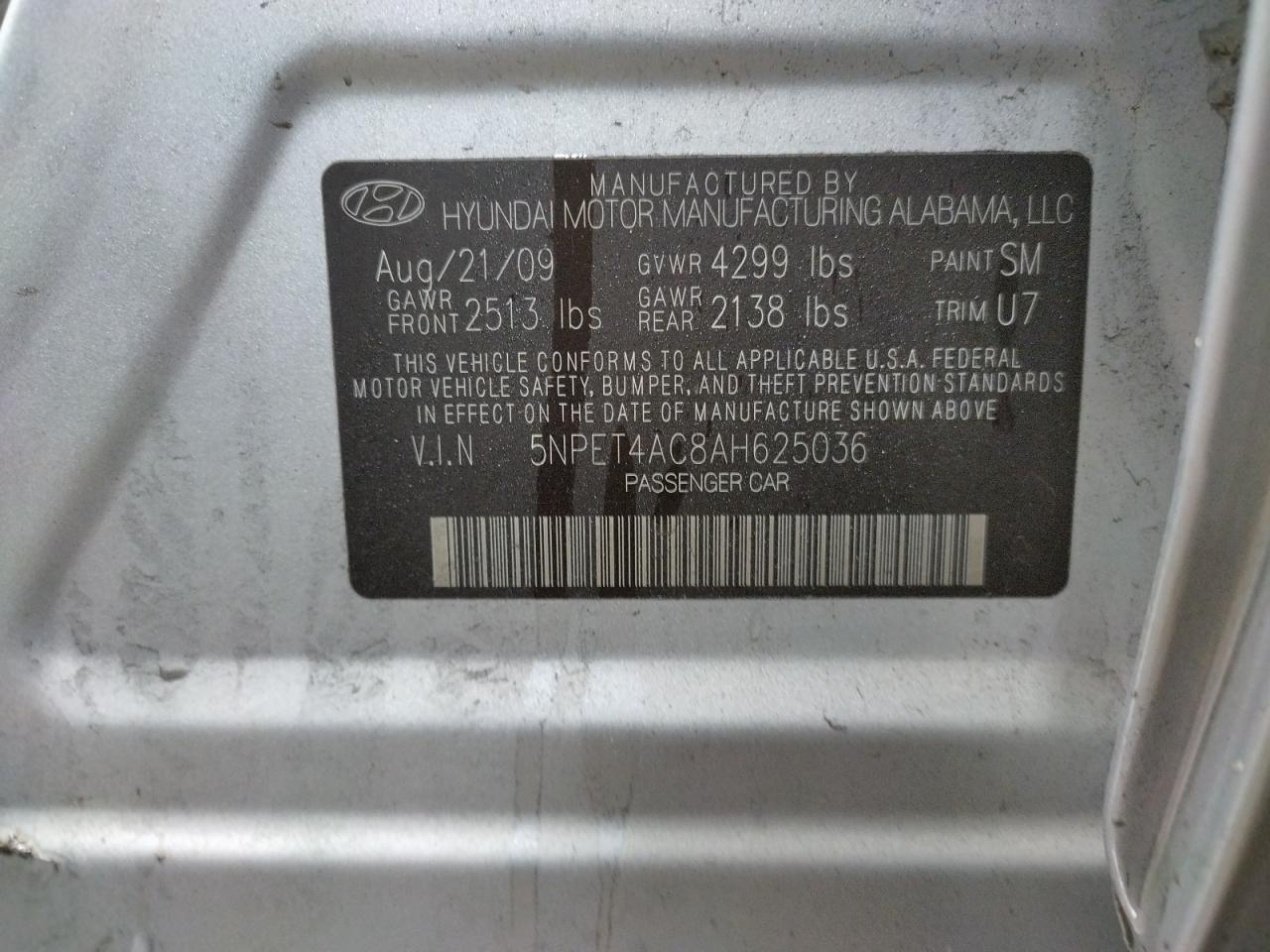 Photo 10 from auction – 2010 HYUNDAI SONATA GLS with VIN 5NPET4AC8AH625036