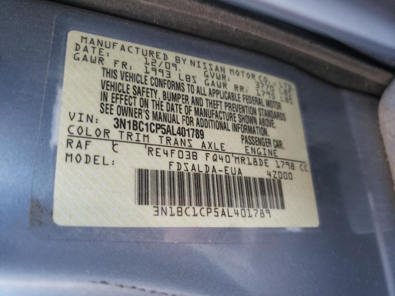 Photo 10 from auction – 2010 NISSAN VERSA S with VIN 3N1BC1CP5AL401789